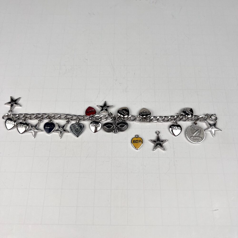 Vtg 1950s Beta Sigma Phi 7" Charm Bracelet Automade Sterling Silver 19 Charms